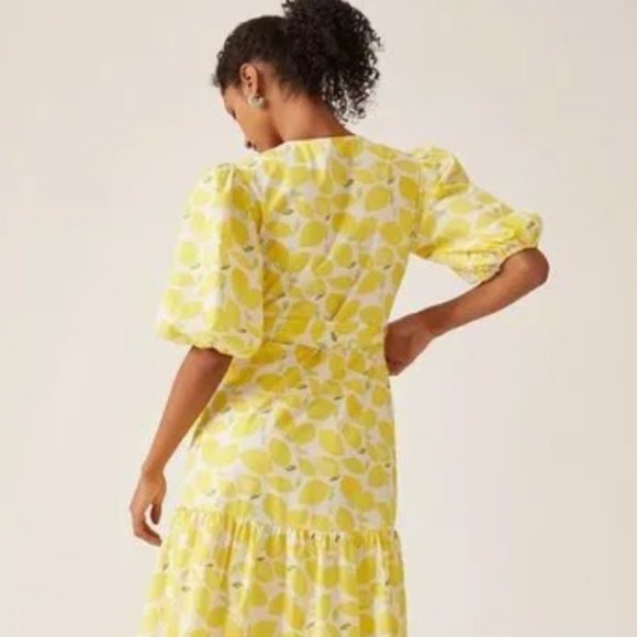 Anthro/Hutch V-Neck Tiered Wrap Midi Dress Size Large Lemon Citrus NWT - Picture 3 of 11